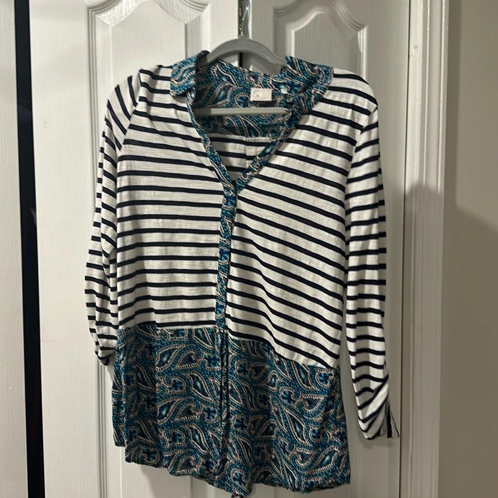 Anthropologie Mixed Media Blouse | Striped & Paisley Contrast Top | Boho Chic - Picture 3 of 9